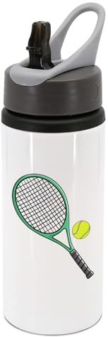 Green and black tennis racket with tennis ball water bottle with handle, drinks bottle, crinks cup, hydrate, water