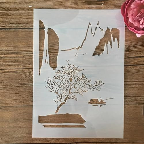 Schablonen zum Malen auf Holz, A4, 29 cm, chinesischer Fluss, Bergfischer, wiederverwendbare Schablonen zum Malen, Schablonen zum Basteln, wiederverwendbar, Wandschablone