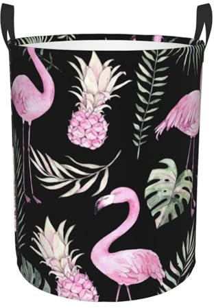 Panier à linge, flamant rose avec feuilles tropicales, panier à linge en tissu imperméable avec poignées, panier de rangement pliable