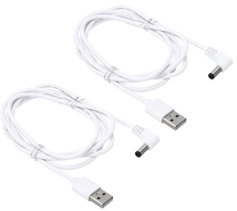 PATIKIL 5Ft USB to DC 5.5x2.5mm Barrel Jack Power Cable, 2 Pcs Wire Adapter Connector Charging Cord for Light Fans Speaker Table Lamp, White