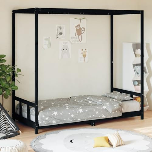 Hommdiy Kinderbett, Kinder Bettgestell mit robusten Latten, Himmelbett für Kleinkinder zwischen 18 Monaten und 4 Jahren, Einzelbett Kinder Holzbett Stil G,90 x 200 cm，Schwarz