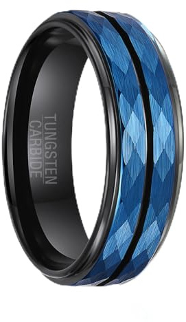 SOXEMAN | Fazetten-Schienenband, 8 mm breiter schwarzer Wolfram-Hochzeitsring mit blauer Textur (US-Größen)