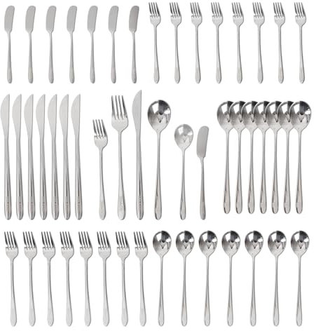 Premium 18/10 Edelstahl Besteck Set, 48 Teile, Messer, Gabeln, Löffel, Dessertlöffel, Buttermesser, Hochglanzpoliert, Silberfarben (48-teiliges Set)