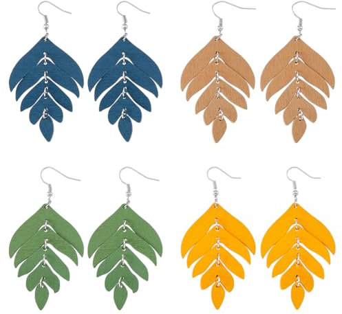 UNICRAFTALE 4 Pairs 4 Colors Wooden Leaf Dangle Earrings Bohemian Nature Wood Chain Leaf Drop Earrings Fashion Tropical Palm Tree Earrings Fall Jewelry Gifts for Women Daughters
