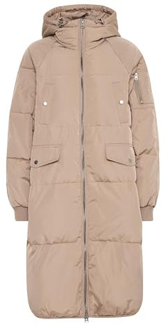 ICHI IHBunala Damen Steppmantel Wintermantel Winterjacke mit Kapuze Reißverschluss Rippbündchen Druckknöpfe Regular fit, Größe:XL, Farbe:Fossil (170909)