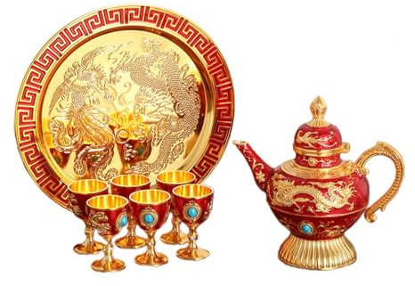 LOVIVER Ensemble de théière Turque Vintage, Carafe à vin, Tasses d'artisanat d'art, pichet en Verre à vin, Ornements artisanaux, Bar à Domicile, Or Rouge