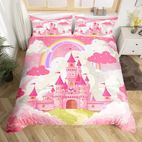 Homemissing Prinzessin Schloss Kinder Bettbezug Set und Rosa Schloss Bettwäsche Set 135x200cm Märchen Mädchen Prinzessin Betten Set Raum Dekor Atmungsaktive Mikrofaser