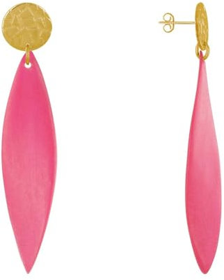LES POULETTES BIJOUX - Orecchini Chiodi in Metallo Dorato e Lungo Petalo di Legno - Fucsia
