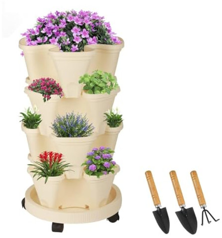 Sthrucrack Fioriera impilabile, giardino verticale a torre, set di fioriere verticali utilizzate per fragole, erbe aromatiche e fiori (Beige, 4 livelli)