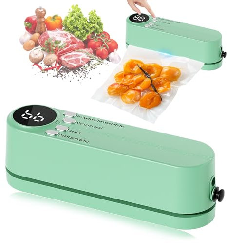 Sellador de Bolsas 7 en 1 Portátil con 3 Modos de Calor y 60kPa, Mini Selladora al Vacío Recargable con 5 Bolsas, Boquilla de Aire, USB-C – Conservación de Alimentos y Snacks (Verde)