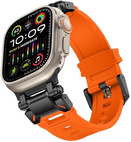 GANYUU Para Apple Watch Ultra 2 Band 49mm Para Apple Watch Band Series 9/8/SE2/7/6/SE/5/4/3/2/1 45mm/44mm/42mm Banda conectora de metal duradera, banda de repuesto deportiva de TPU resistente(Orange -