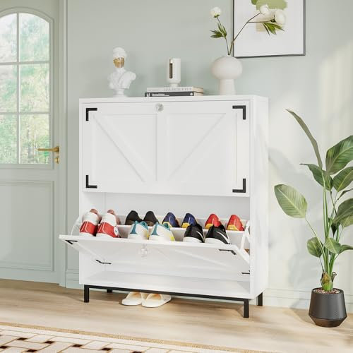 VOWNER Zapatero Entrada Recibidor, 2 Puertas, Zapatero Blanco, Particiones Ajustables, Madera, para Entrada Estrecha, con Patas de Acero, 80 x 24 x 92 cm, Pasillo