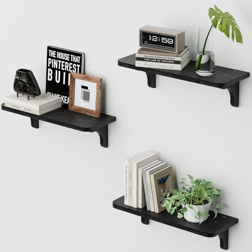 hi-home Wandregal Set 3er Holz, Schwebende Regal Wand, einfach zu montieren, Ideal Floating Wall Shelf für Küche/Wohnzimmer/Schlafzimmer/Bad, Perfekt Hängeregal für Bücher, Pflanzen & Deko, Schwarz