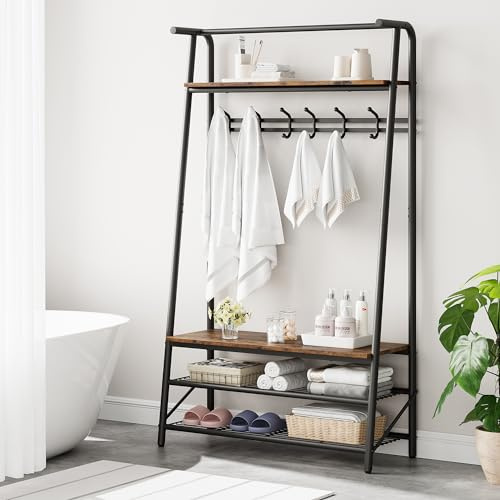 Garvee Industrial 3 in-1 Hall Tree with Coat and Shoe Rack, Heavy Duty Rustic Entryway Organiser, Narrow Coat Rack with Shoe Storage for Small Spaces, Brown