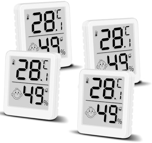 4 Stück Digital Hygrometer Thermometer mit Smiley, LCD Feuchtemessgerät Innen, Mini Luftfeuchtigkeitsmesser Meter Hochgenauer Temperatursensor für Babyzimmer Innenraum Büro Wohnzimmer