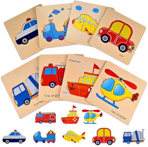 8 Puzzle in Legno per Bambini, Giochi Incastro Montessori 1 2 3 Anni, Puzzle Legno Veicoli Educativi, Giochi Educativi Bambini 2 Anni, 1 Anno, Giocattolo Regalo Bimbo Bimba