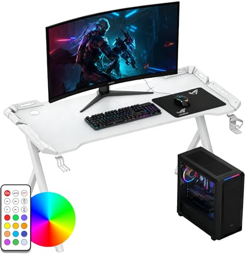 Suusolny LED Gaming Schreibtisch mit Kohlefaserbeschichtung Ergonomischer Computertisch mit RGB-Beleuchtung Gaming Tisch mit Y-förmige Tischbeine PC Tisch mit Kopfhörerhalter - Weiß 120x60x75cm