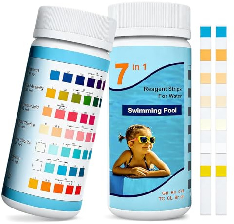 50 Pool Teststreifen 7-in-1 Wassertest,Misst freies Chlor,Brom,Gesamtalkalinität und pH-Wert,Schnelltest für Swimmingpool,Whirlpool,Spa und aufblasbare Pools,Einfach und genau anzuwenden