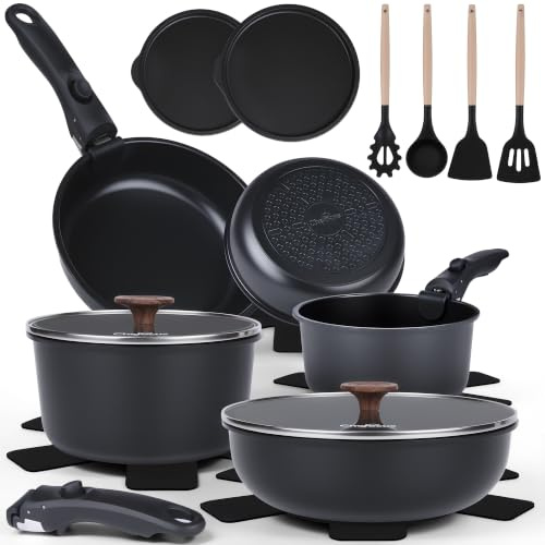 ZEROPAN 20 tlg Topf- und Pfannenset mit abnehmbarem Griff(Glänzend Schwarz) | Kochgeschirr-Set mit Keramikbeschichtung, spülmaschinenfest, passend für alle Herde, PFAS PTFE PFOA PFOS frei