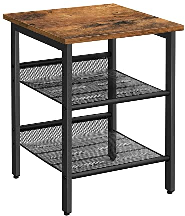 VASAGLE Beistelltisch, Nachttisch Mit 2 Verstellbaren Gitterablagen, Couchtisch Im Industrie-Design, Für Wohnzimmer, Schlafzimmer, Flur, Büro, Stabil, Einfacher Aufbau, Vintagebraun-Schwarz, 1Er