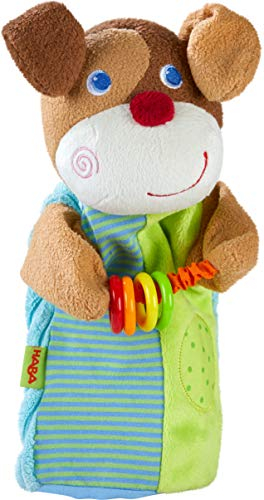 HABA 304930 - Klang-Handpuppe HABA-Musikant Hund, Spielpuppe aus weichen Materialien mit klappernden Kunststoffringen für akustische Effekte, Spielzeug ab 18 Monaten
