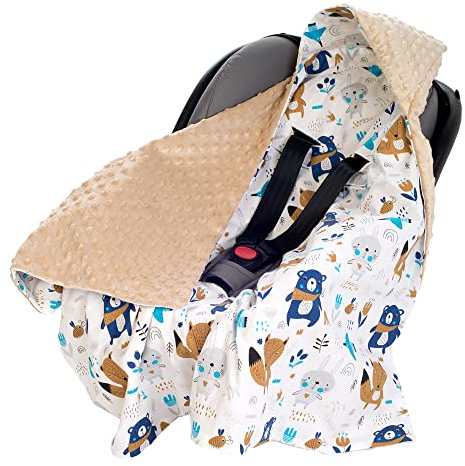 Medi Partners Einschlagdecke Baby Babyschale 100% Baumwolle für Sommer 85x85cm Kinderwagen Kuscheldecke universal Baby Decke Einschlagdecken Babydecke Buggy Autositz (Boho Animals mit beige Minky)