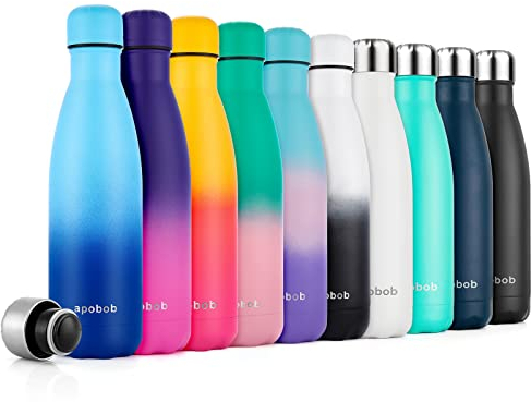 Apobob Stainless Steel Water Bottle 500/750ml, Refillable BPA Free Vacuum Insulated Metal Water Bottle for 12 Hrs Hot & 24 Hrs Cold Drink, Work, Study, Gym, Cycling, Climbing (Light + Dark blue,500ml)