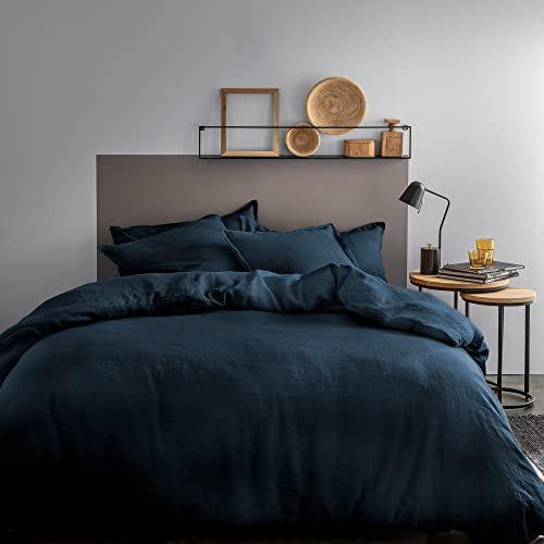 MATT & ROSE Housse de Couette 260x240 cm Unie Lin LAVÉ 2 Personnes | 100% Lin Lavé | Oeko-TEX | Marine