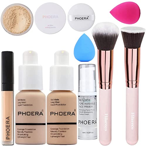 PHOERA Foundation,PHOERA Primer, PHOERA Puder,PHOERA Abdeckstift Concealer Cover Flüssigmatt Full Coverage, Make Up Foundation Pinsel and Puder Pinsel, Make up Schwamm (102 Nude + 103 Warm peach)