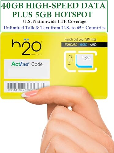 H2O Wireless 30-Tage Prepaid-SIM-Karte USA mit 60 GB Highspeed-4G-LTE/5G-Daten und 5 GB mobilem Hotspot, unbegrenzte Daten, Internationale Gespräche und SMS, dreifach geschnittene US-Mobil-SIM-Karte