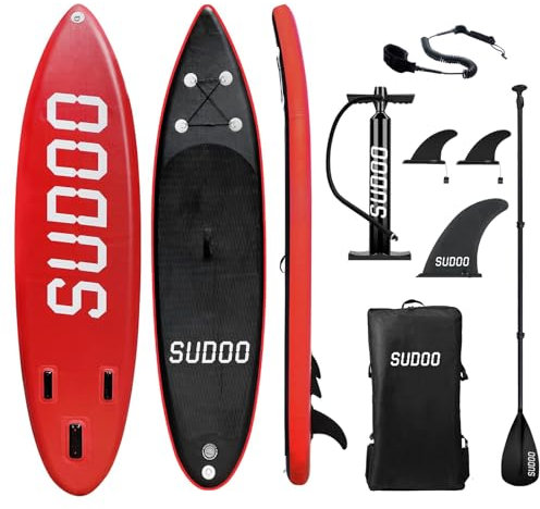SUDOO Aufblasbare Stand Up Paddle Board 300x76x15cm Aufblasbares SUP Board für Stand-Up Paddling Mit Board, Verstellbare Paddel, Pumpe, Rucksack, Leine, 3 Finnen, Rutschfestes Deckpad, Reperaturset