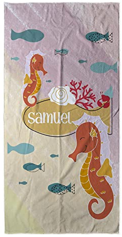 LolaPix Badetuch Blau. Badetuch Kinder Personalisiert. Handtuch mit Namen. Strand/Schwimmbad. Baumwolle und Mikrofaser. Verschiedene Größen. Kind Seepferdchen