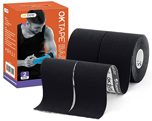 OK TAPE Basic Kinesiologie Tape, Grundlegendes Ursprüngliches Elastisches Sportband für Unterstützung und Erholun, 5cm x 5m,2 Rollen,Schwarz