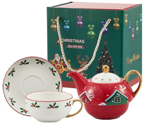 YBK Tech - Set da tè in ceramica per una persona, teiera da 354,4 g, tazza da tè con piattino, serie natalizia (foglie)