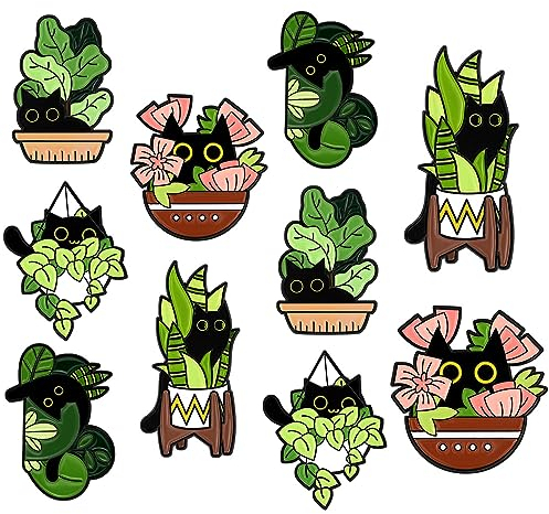 Kinretixia® 10 Stück Katzenform Pin Anstecker Button Anstecknadel aus Emaille, Kreative Emaille-Anstecknadeln, Großset, Cartoon-Pflanzen, Anime, Regenbogen Katze