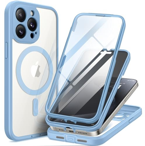 TIESZEN Magnetic for iPhone 15 Pro Max Case, Compatible with MagSafe, Built-in Privacy Screen Protector and Camera Protection, Anti Spy Full Body Dustproof Shockproof Hard Phone Case 6.7, Sky Blue