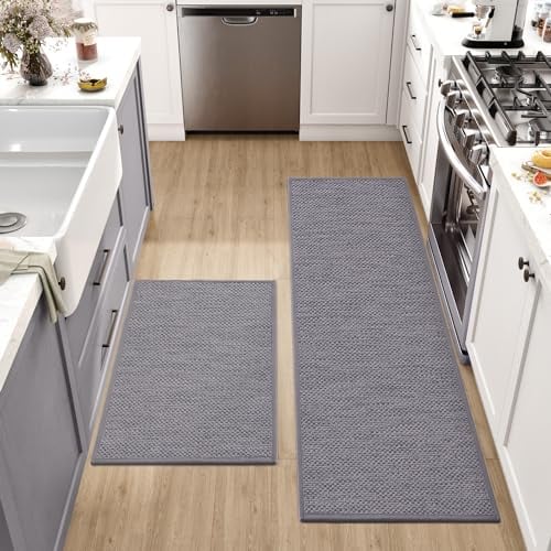 DEXI Tappeto Cucina Antiscivolo Lavabile, 2 Pieces Antimacchia Tappetino Corridoio, Facile da Pulire, Tappeti Runner per Lavello, Lavandino, 43.5x75cm + 43.5x150cm, Grigio