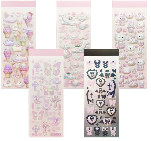 UMCHU 5 Blätter 3D Laser Sticker,Bär, Hase, Schmetterling, dunkles Herz, Eiscreme-Aufkleber,Glänzende Kunstharz-Aufkleber,für DIY Scrapbook Laptop(5 Stile)