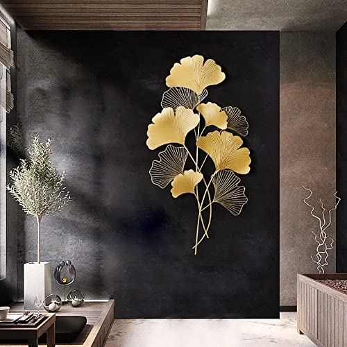 KEESUNG Wanddekoration Ginkgo 3D Wandbild, Wanddeko Metall Gingko Blatt Wandskulpturen Wandtattoo Metallic Eisen Deko Metall Wohnzimmer Dekoration, 110x55 cm