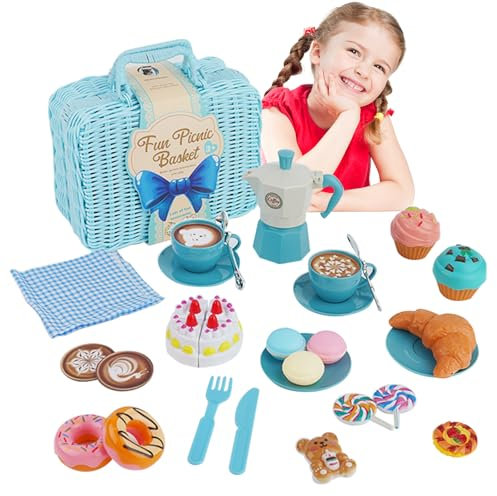 Cocina Juguete,Accesorios Cocina Juguetes con Manta de Picnic, Cafetera, Tartas y Postres Cortables,Cocina Exterior Niños Utensilios Cocina Juguete,Cesta Picnic Juguete Niños 3 4 5 Años (Azul)