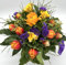 Blumenstrauß Frühlingstrauß mit 1 Ranunkel, 3 Freesien oder Anamon und 12 Tulpen in fröhliche bunter Farberichtung, Frische Schnittblumen Arrangement (Gelb,Orange,Rot)