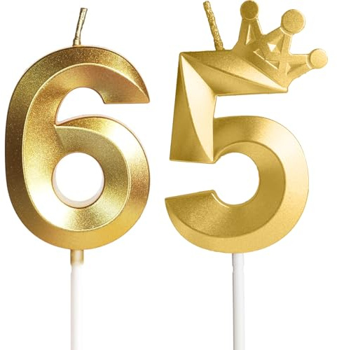 Goldene Geburtstagskerze 65 mit Krone - Gold Kerzen Geburtstag Tortendekoration，Goldene Zahlenkerze für Kuchendekoration - 65. Geburtstagsparty Frauen und Männer - Jubiläumsdekoration Torte
