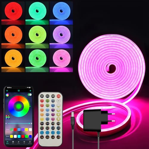 Ruban LED - Etanche Bande LED RGB Neon en Silicone avec Contrôle APP&Télécommande, Synchronisation de Musique, 24V Flexible Lumineuse Led pour Intérieur et Exterieur Déco (5M)
