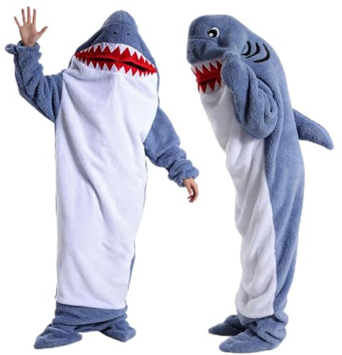 Hai Decke Hoodie mit Ärmeln XL (170-185cm), Hai Schlafsack Decken Hoodie, Shark Flanell Overall mit Kapuze, HaiBlanket Geschenk für Cartoon Pyjama Party