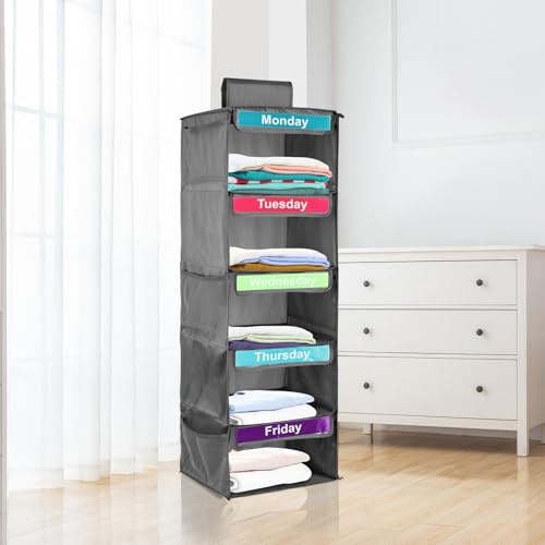 KEGAJEGA Hängeregal Kleiderschrank mit 5 Fächern 30x30x83cm Hängeorganizer Kleiderschrank Polyester Faltbar Hängeaufbewahrung Schrank Stabil für Kleidung Hüte Schuhe Bettlaken (Grau, 1 Stück)