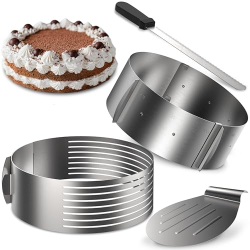 4smile Tortenzubehör - Edelstahl Torten Schneidehilfe Set, 4 Teile - Tortenring verstellbar hoch 8,5 cm + Tortenboden Schneidehilfe Ring Ø 26/28 cm + Konditormesser + Tortenheber