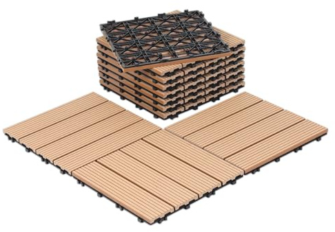 Jaxguom WPC Fliesen 30x30 cm, 55 Stück Klickfliesen Balkon für 5m²,WPC Terrassenfliesen mit Klick-System,Balkon Bodenbelag Wetterfest,Wasserdicht,Kunststoff Fliesen Teak