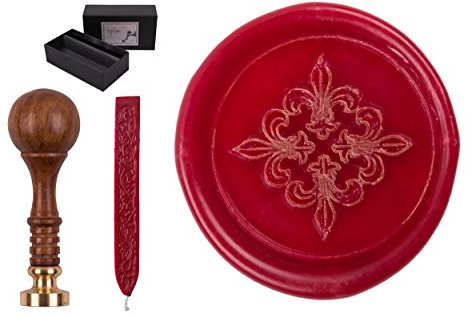 Siegelstempel Set Sigillum Gravur 4er Lilie + 1 Stange Siegelwachs im Geschenkkarton
