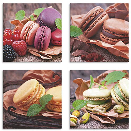 ARTLAND Wanddeko Küchenbilder Leinwand Bilder Set 4 teilig je 20x20 cm Quadratisch Wandbilder Macarons K2WK
