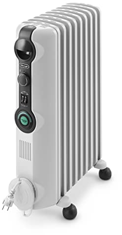 De'Longhi TRRS 0920C Radia S - Radiador de aceite, Termostato Ambiente Ajustable, Comfort-Temp, 9 Elementos, Blanco y Negro
